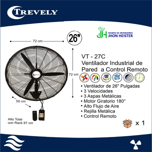 Ventilador Industrial de Pared TREVELY 26" VT-27C Control Remoto